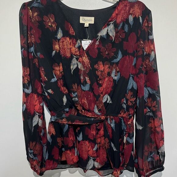 52seven Women's Multicolor Floral Tie Waist Long Sleeve Blouson Blouse Large NWT - Picture 2 of 10